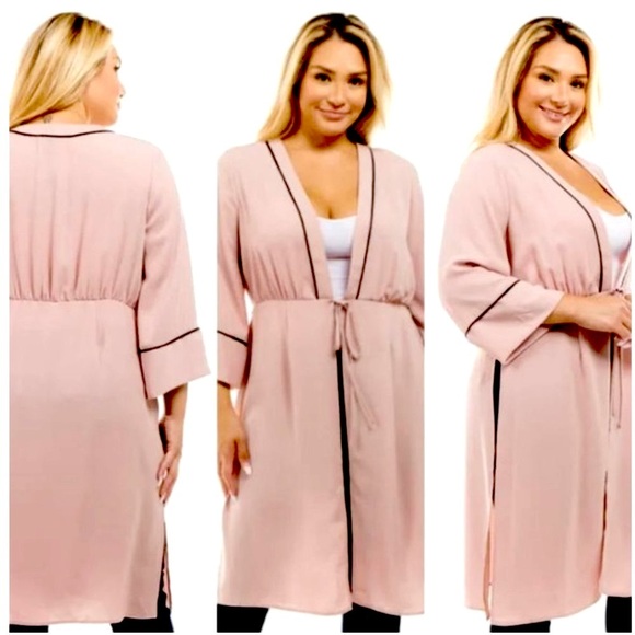 Dusty Rose chiffon kimono robe with black piping Plus Size 0X, 2X, 3X NWT - Picture 2 of 9